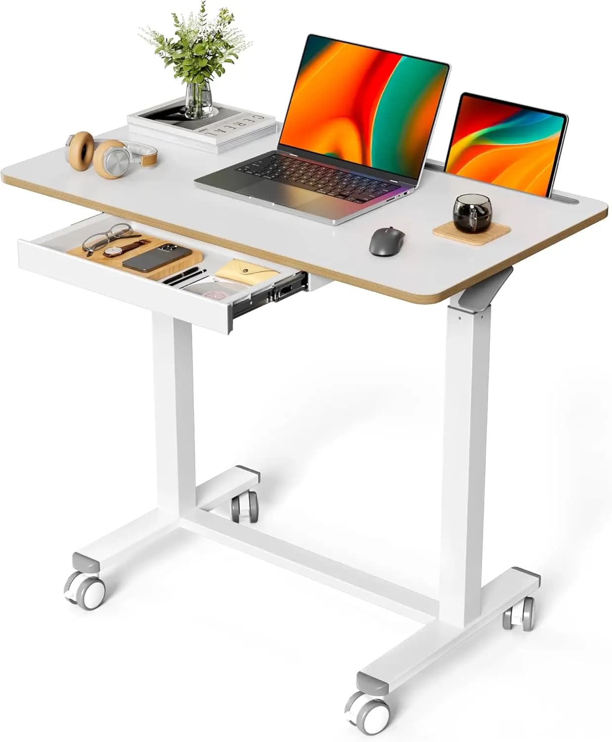 Scrivania Mobile da 35 Pollici con Cassetto, Postazione di Lavoro Regolabile in Altezza, Carrello Porta Laptop Bianco con Ruote