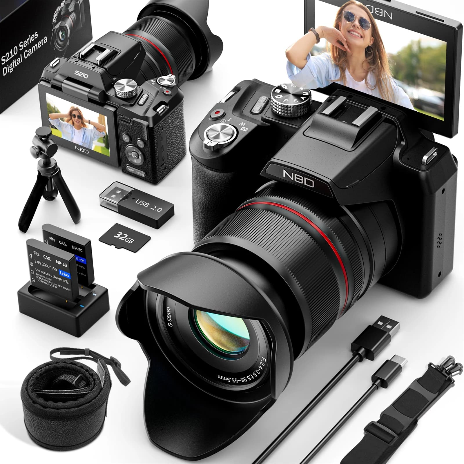 Fotocamere digitali NBD 5K e 64MP per fotografia, fotocamera con zoom ottico 16X con controllo WiFi e app, fotocamera per vlogging con messa a fuoco automatica