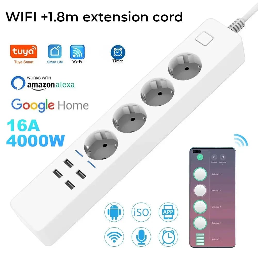 Multipresa Intelligente Wi-Fi con 4 Prese EU e 4 Porte USB, Controllo Vocale e App, Compatibile con Alexa e Google Home Assistant