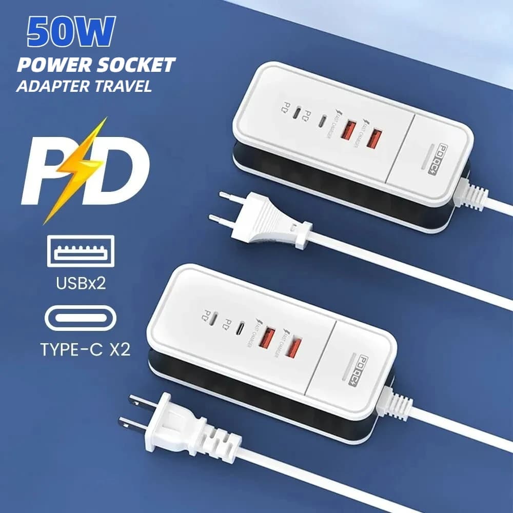 4 Ports USB C Charger 50W Fast Charging Phone Power Socket Adapter Travel Charger For iPhone 15 Xiaomi Samsung iPad Wall Charger