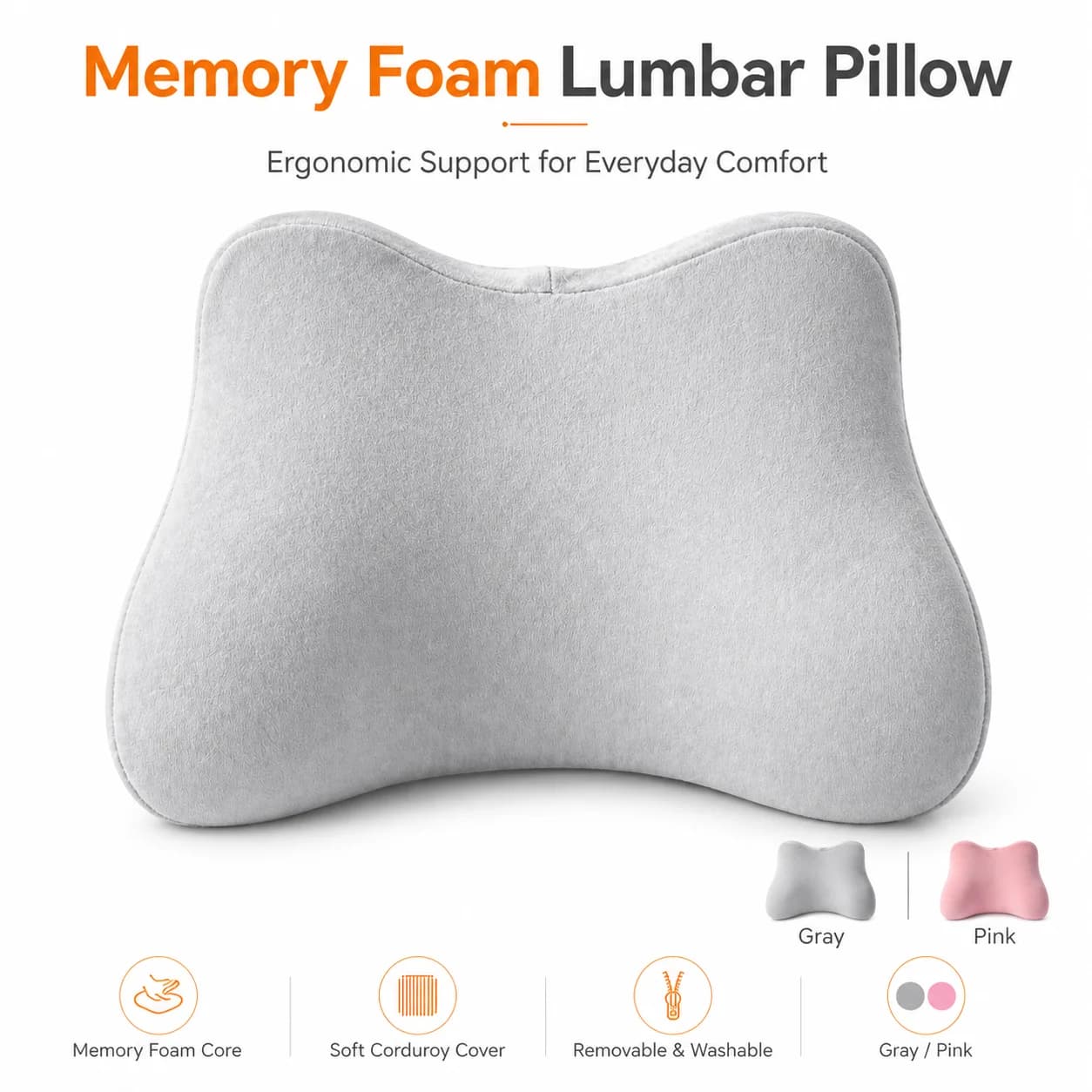 Cuscino Lombare in Memory Foam - Supporto Ergonomico per la Schiena per Ufficio, Auto, Casa - Lento Ritorno a Forma, Lavabile, Grigio/Rosa