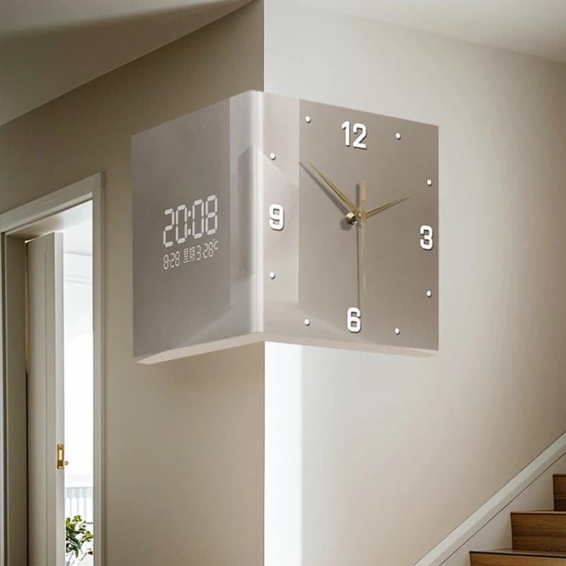 Orologio da parete in acrilico bifacciale con design astratto, movimento silenzioso e display digitale senza chiodi, adatto per il soggiorno.