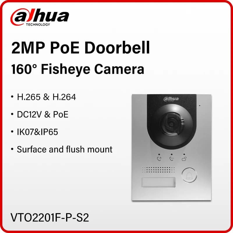 Dahua 170 ° Videocitofono Fisheye 2MP HD Monitor VTO colorato Telecamera per campanello digitale PoE per casa intelligente esterna SIP VTO2201F-P-S2