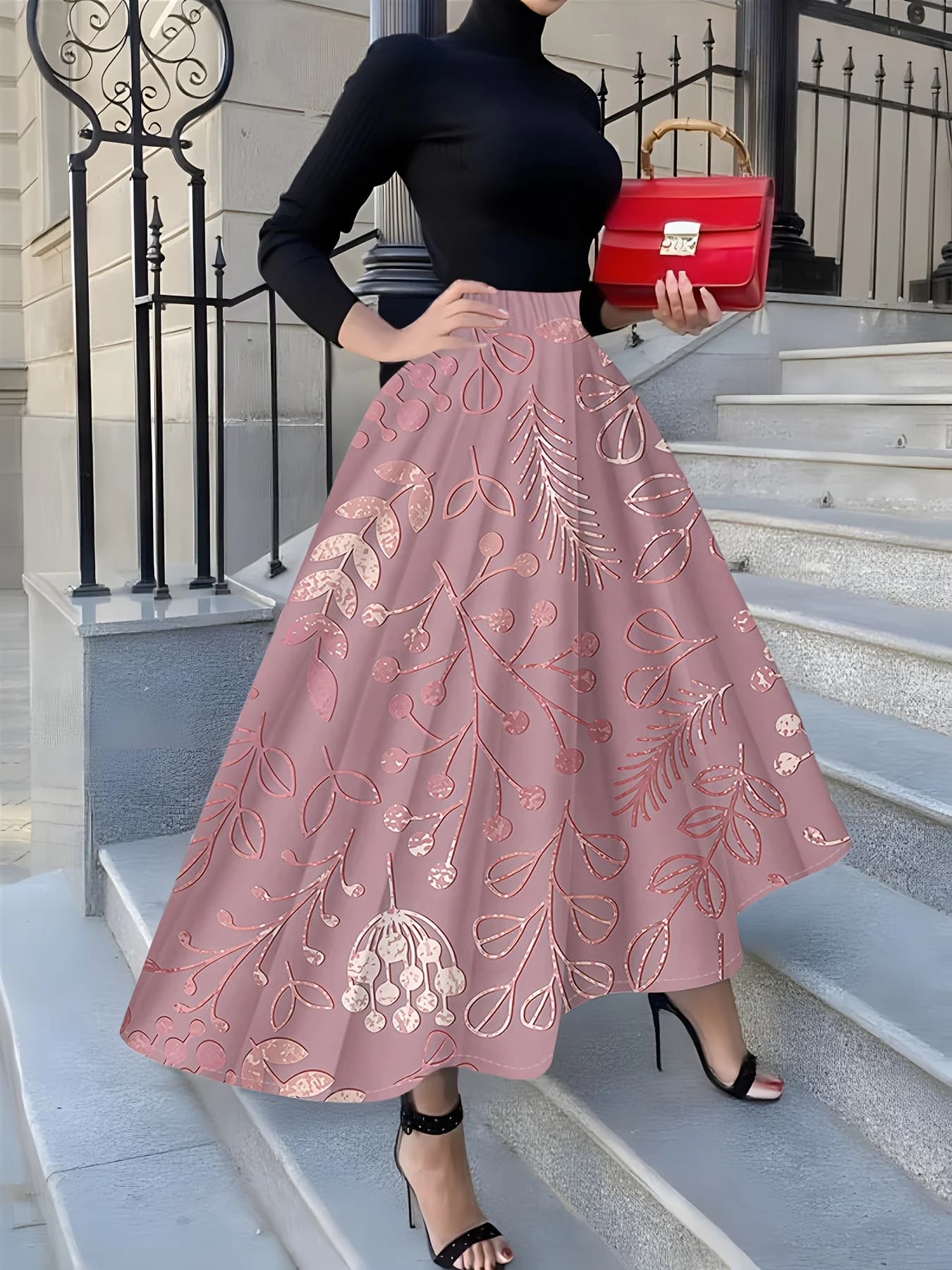 Perfect for All Seasons Elegant Pink Botanical Print Midi Skirt for Women
