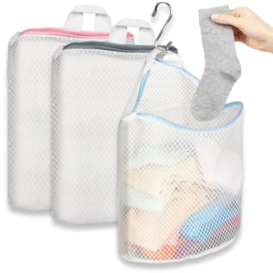 Hanging Laundry Bags for Socks with S Hooks, 12 X 10 inch 3 Color Mesh Laundry Bags for Washing Machine