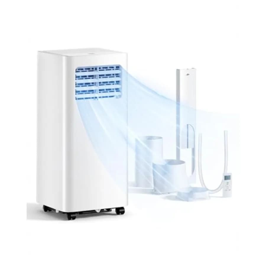 Bedroom portable AC unit: 8, 000 BTU, 3-in-1 cooling/fan/dehumidifying, white plastic housing, quiet sleep mode 24H timer, cove