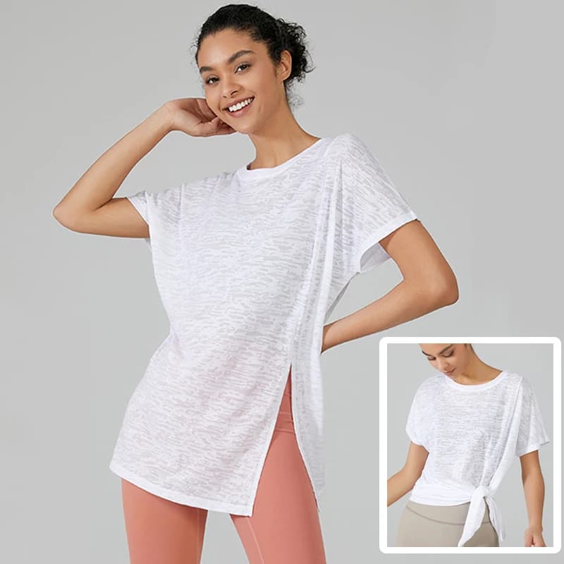 T-shirt da Yoga Oversize manica corta da donna traspirante Jacquard Workout Running Top camicetta da palestra con orlo diviso allentato abbigliamento sportivo femminile