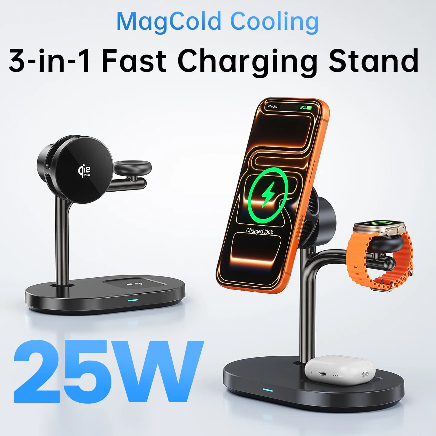 Qi2.2 25W MagCold Charger Stantion for iPhone 16 17 Galaxy S25 S26,Active Cooling Wireless Charging Stand for Watch & AirPods