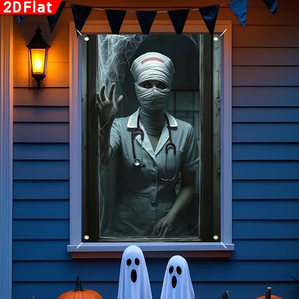 One large horror-themed nurse window decoration - eerie bandaged face and medical mask.