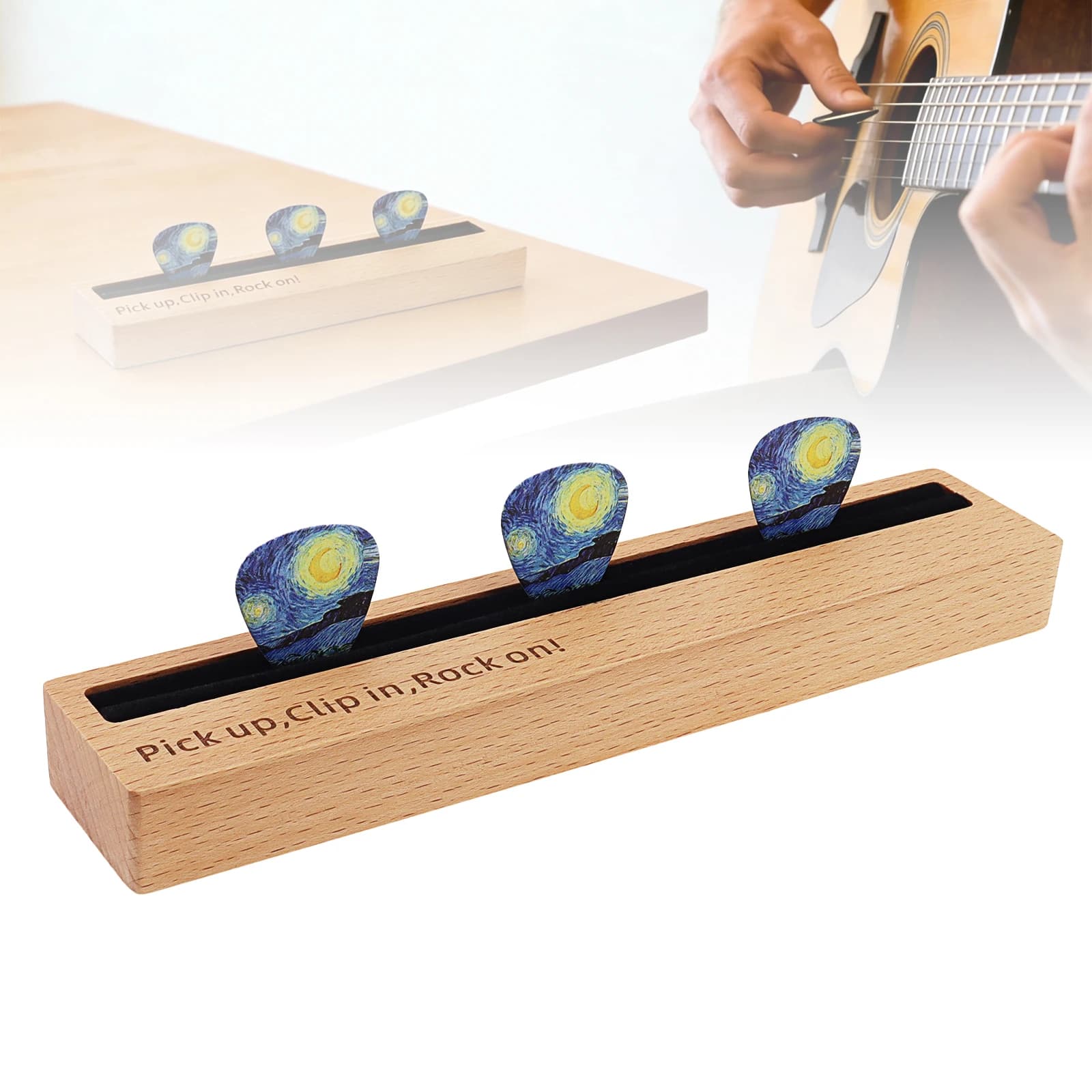 Supporto per plettri in legno di faggio per chitarristi, regalo con 3 plettri a motivo stellato (0,46mm, 0,71mm, 0,96mm), base per plettri