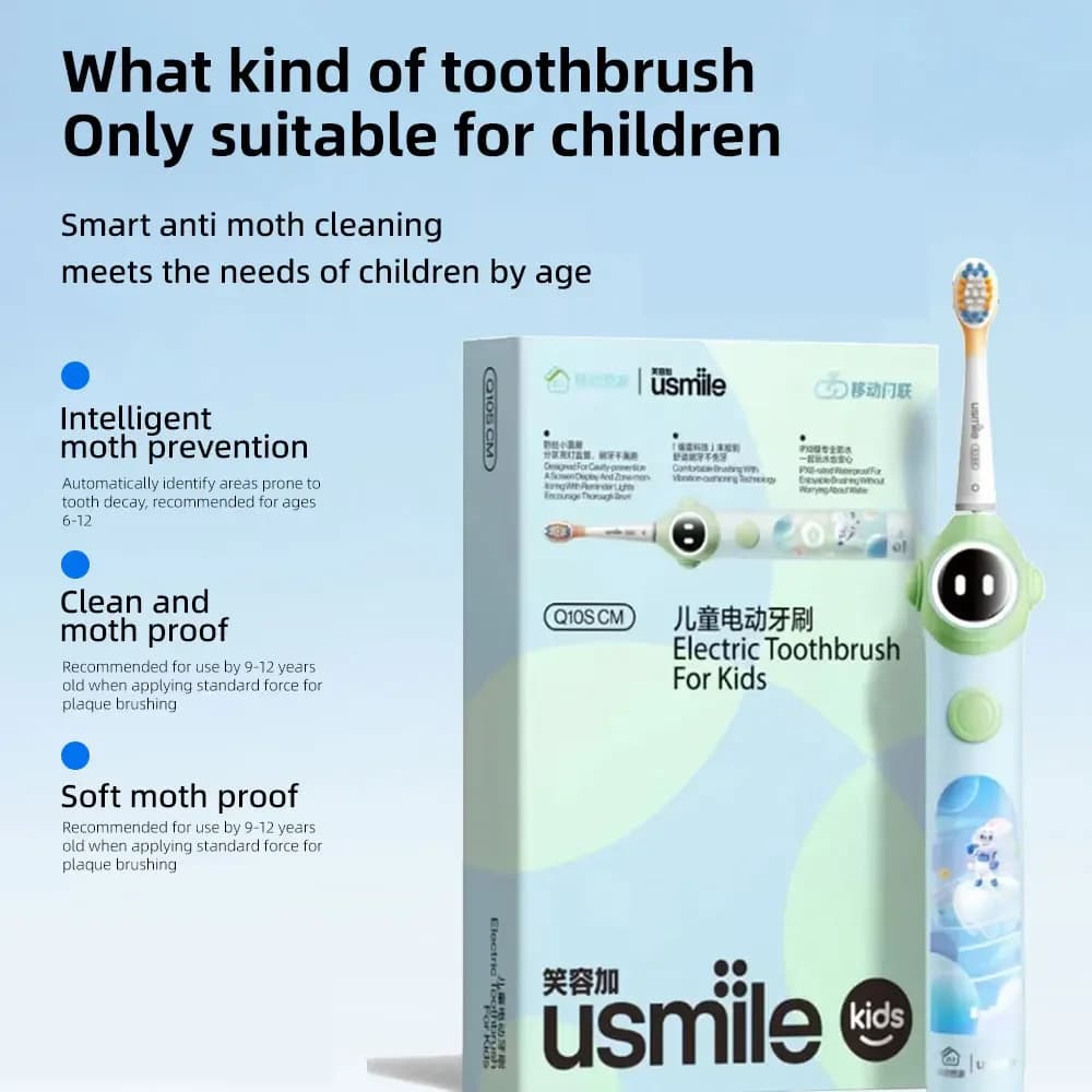 Spazzolino elettrico Usmile Q10S per bambini, testina sostituibile per pulizia e protezione antipolvere con piccolo schermo e controllo intelligente della pressione
