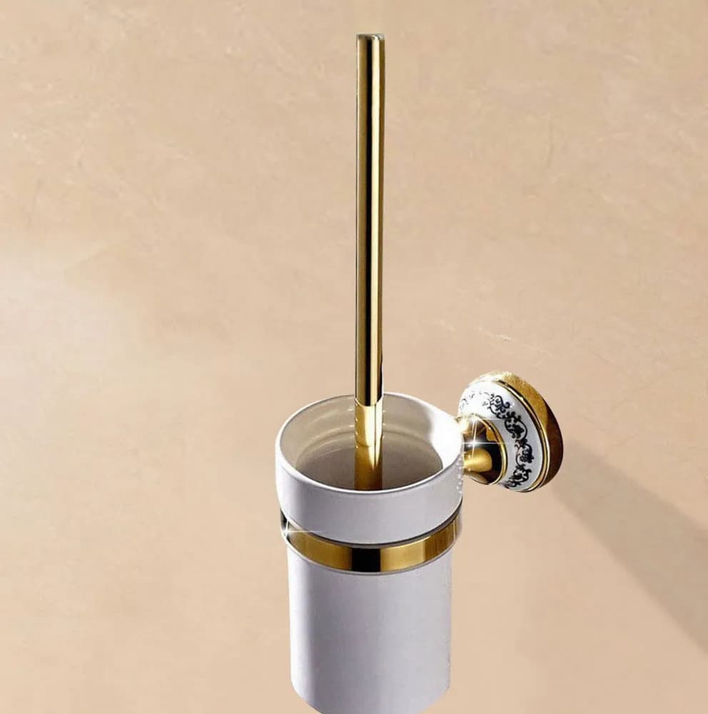 Set di scopino e supporto per WC a parete in ottone color oro, accessorio per il bagno con tazza in ceramica bianca con spazzola bianca aba249