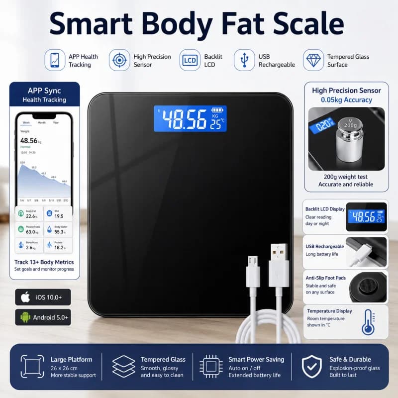 Bluetooth Smart Weight Scale - Precise Intelligent Digital Wireless Weight Scale. USB Rechargeable Smart Bathroom Scale Forhands