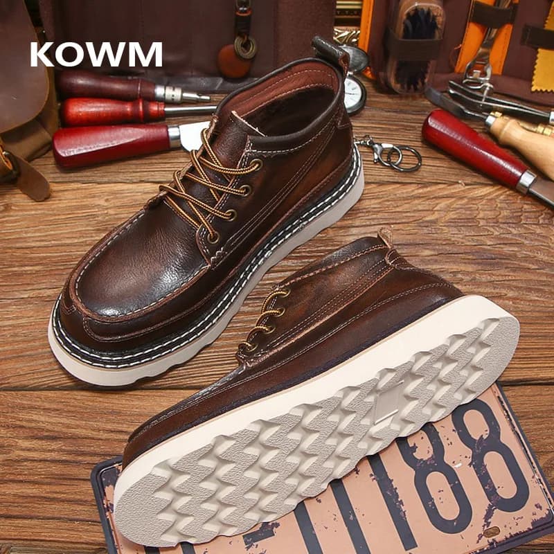 KOWM Scarpe da trekking in pelle di vacchetta stivali da passeggio da uomo stivali da moto britannici scarpe da trekking casual alla caviglia stivali da neve con suola spessa sneakers
