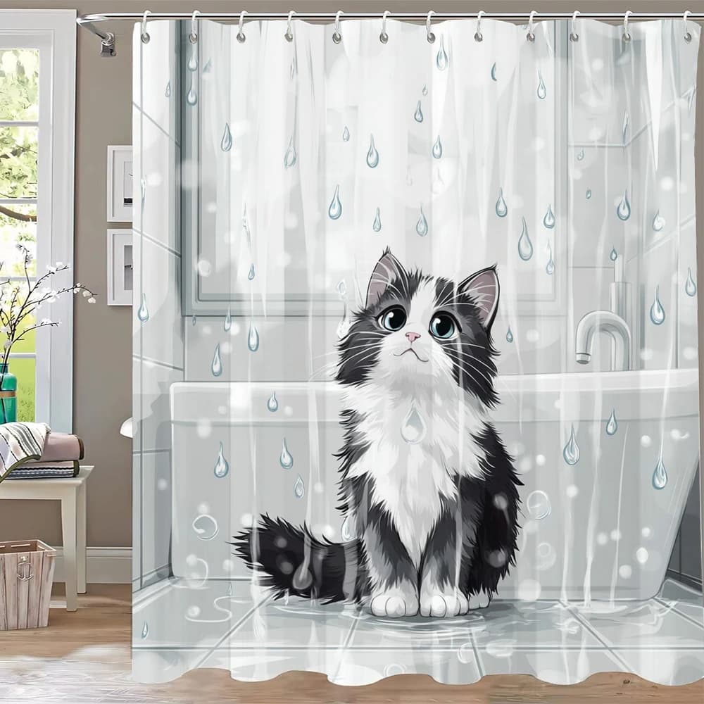 Simpatica tenda da doccia con gatti e cani dei cartoni animati, tenda decorativa per il bagno, tenda da doccia stampata, tenda decorativa per la casa con ganci