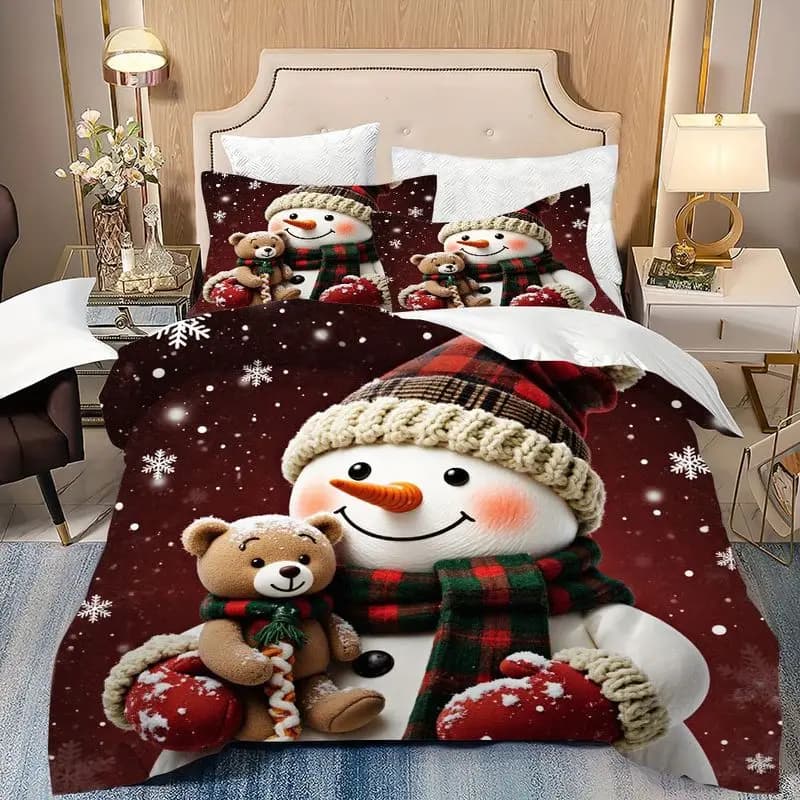 Christmas Snowman Teddy Bear Bedding Duvet Cover Set Multi Size Quilt Cover Queen Size Bedroom Bedding Decoration Machine Washable Adult Boy Girl Bedroom