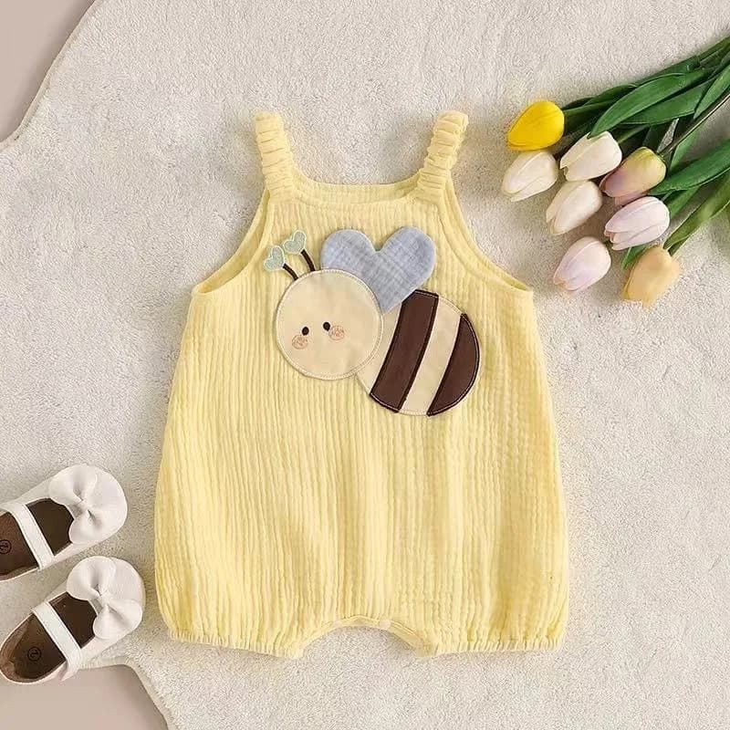 Baby Sling Romper Crinkled Cotton Cartoon Applique Jumpsuit Thin Summer Daily Crawling Outfit for Infant