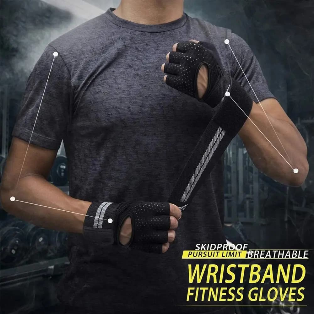 1Pair with Wrist Wrap Support Gym Fitness Gloves Half Finger Breathable Exercise Wristband Gloves Anti-slip