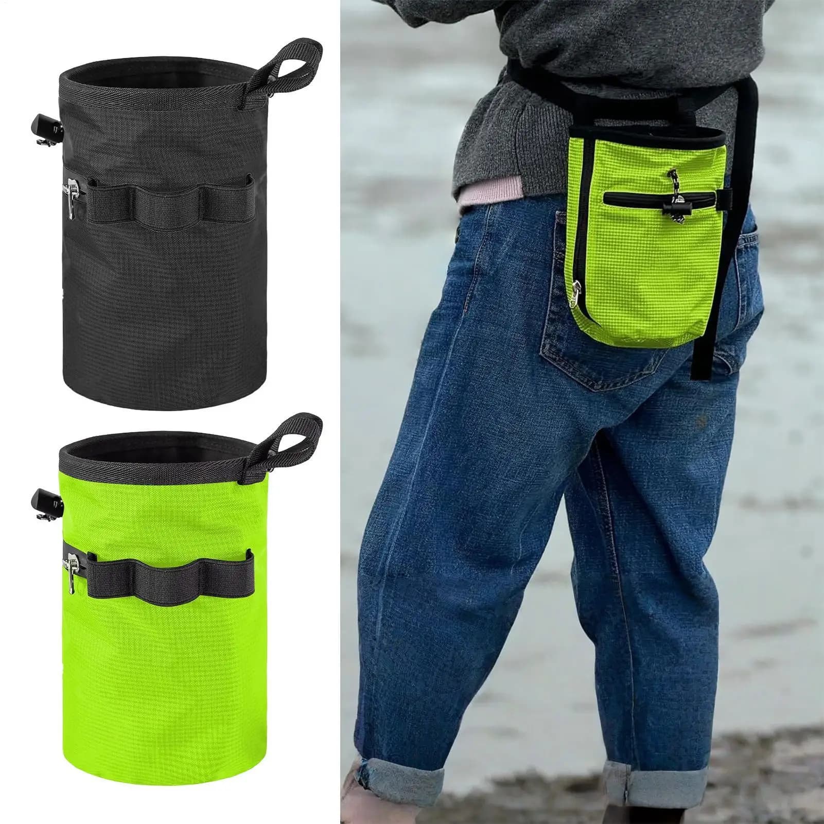 Rock climbing chalk bag with waist belt and zippered glove pocket for gym workout, golf with weight lifting disc