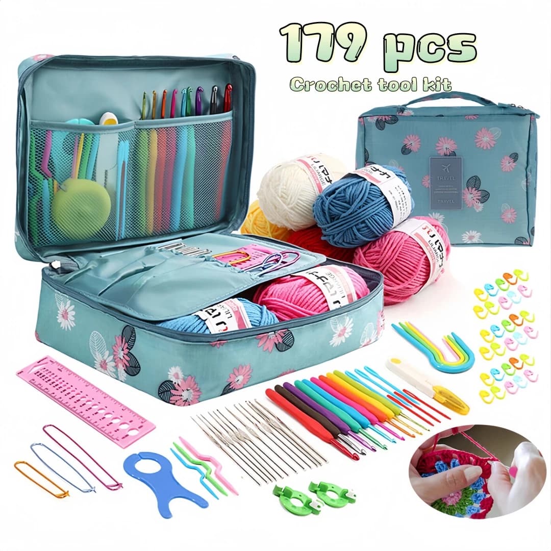 Kit di strumenti per uncinetto per principianti, set da 179 pezzi con filato, uncinetti, accessori per uncinetto, set di aghi per maglia.