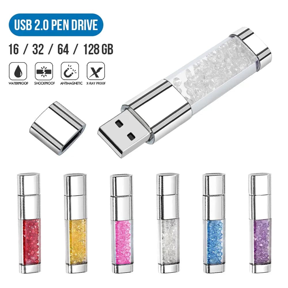 Chiavetta USB 2.0 in metallo diamantato 128 GB Capacità reale al 100% Pendrive 64 GB con memoria LED blu 32 GB Regali creativi 16 GB