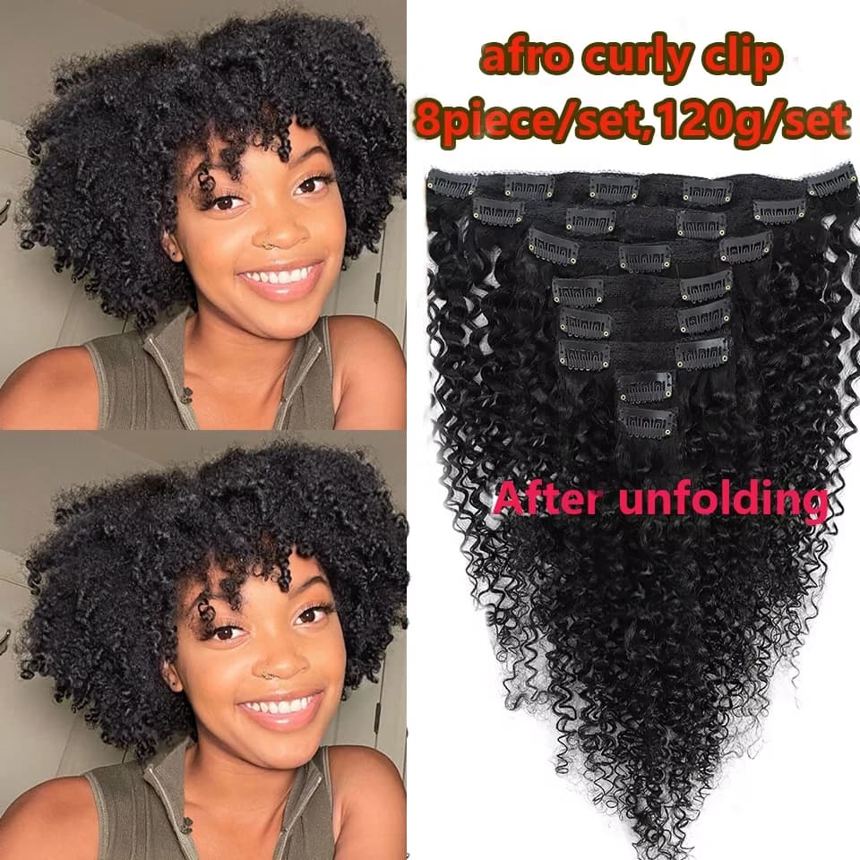 Extension per capelli ricci afro con clip, 12A, capelli umani vergini brasiliani Remy, 100% capelli umani, 8 pezzi, 120g/set, colore naturale
