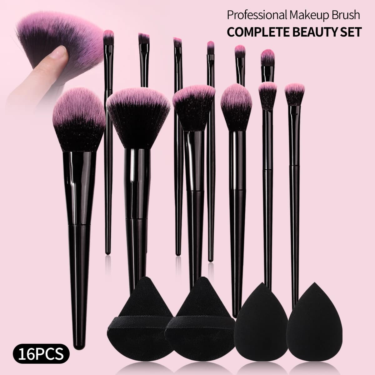 Set di pennelli per trucco neri da 16 pezzi, manico in plastica, strumenti per il trucco multifunzionali a manico lungo, indispensabili per principianti, professionisti, uso domestico