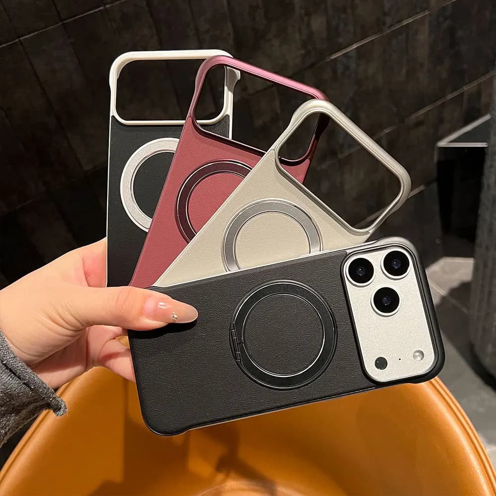 Cover Protettiva Magnetica Senza Bordi in Pelle per iPhone 17 15 16 14 13 Pro Max Plus con Supporto e Etichetta Ultra Sottile Regalo IphoneAir