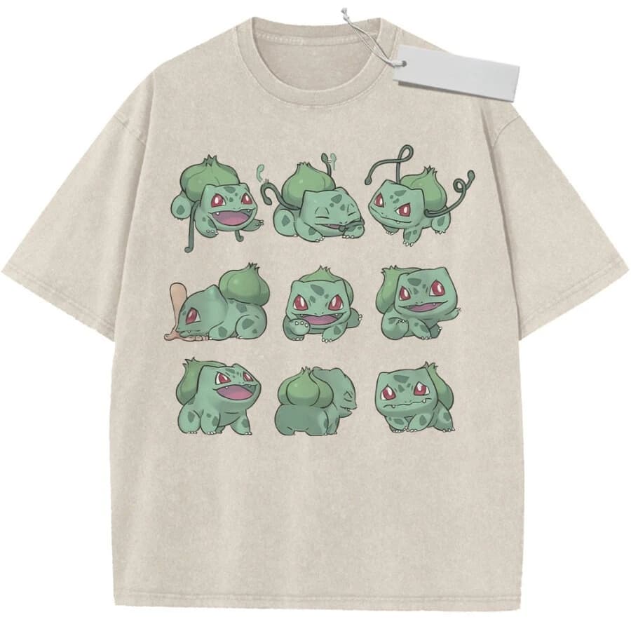 T-shirt vintage beige lavata unisex Pokemon Bulbasaur Emoji Tessuto di alta qualità per casa, tempo libero, viaggi, shopping