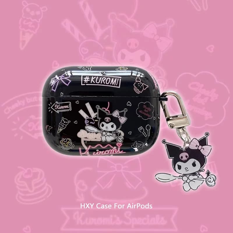 Custodia Nera Kuromi per Auricolari AirPods Pro 3, Cover Protettiva per Auricolari AirPods 4 3 2 1 con Portachiavi