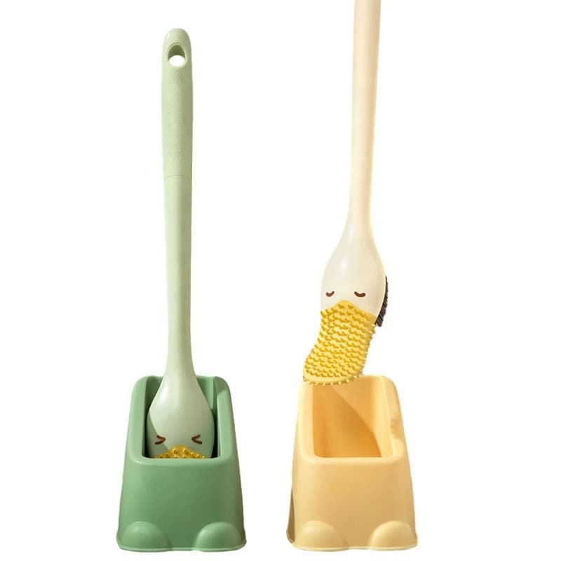 Silicone flat-head cute duckbill toilet brush with base, wall-mountable, children's toilet brush