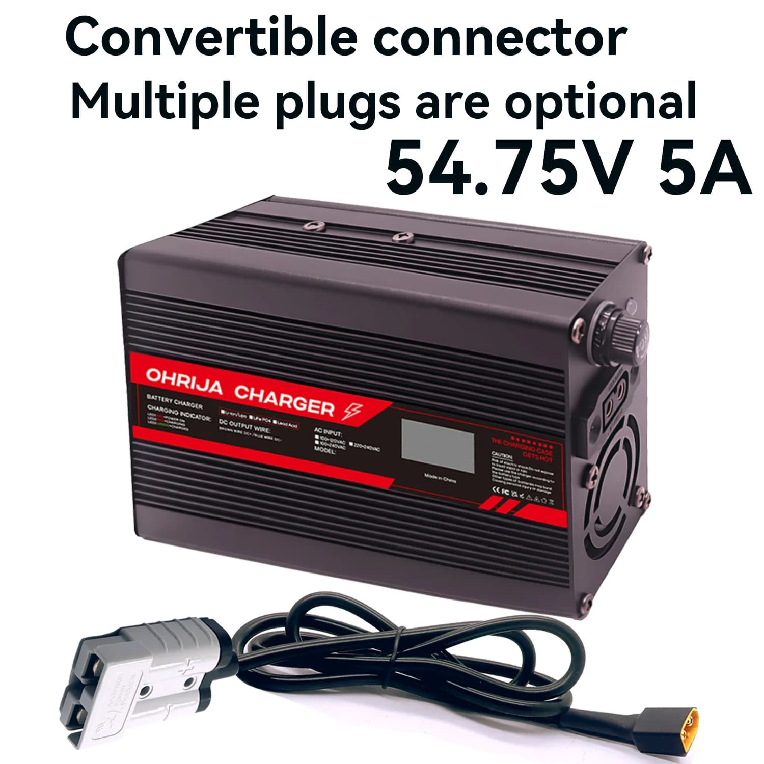 Caricabatterie rapido per batteria LiFePO4 da 54,75 V 5 A per display OLED 15S 48 V Connettore intercambiabile Stabilizzazione rapida con ventola di raffreddamento