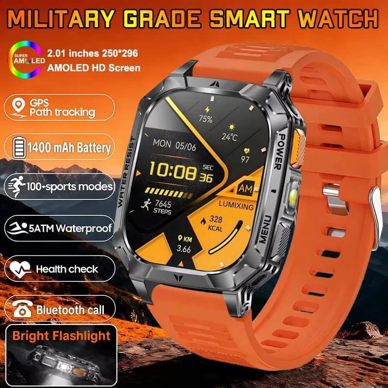 Nuovo Smartwatch Militare con Batteria da 1400 mAh, Schermo AMOLED da 2.01", Impermeabile IP68, per Sport e Fitness, con Chiamate BT, Modello 2026