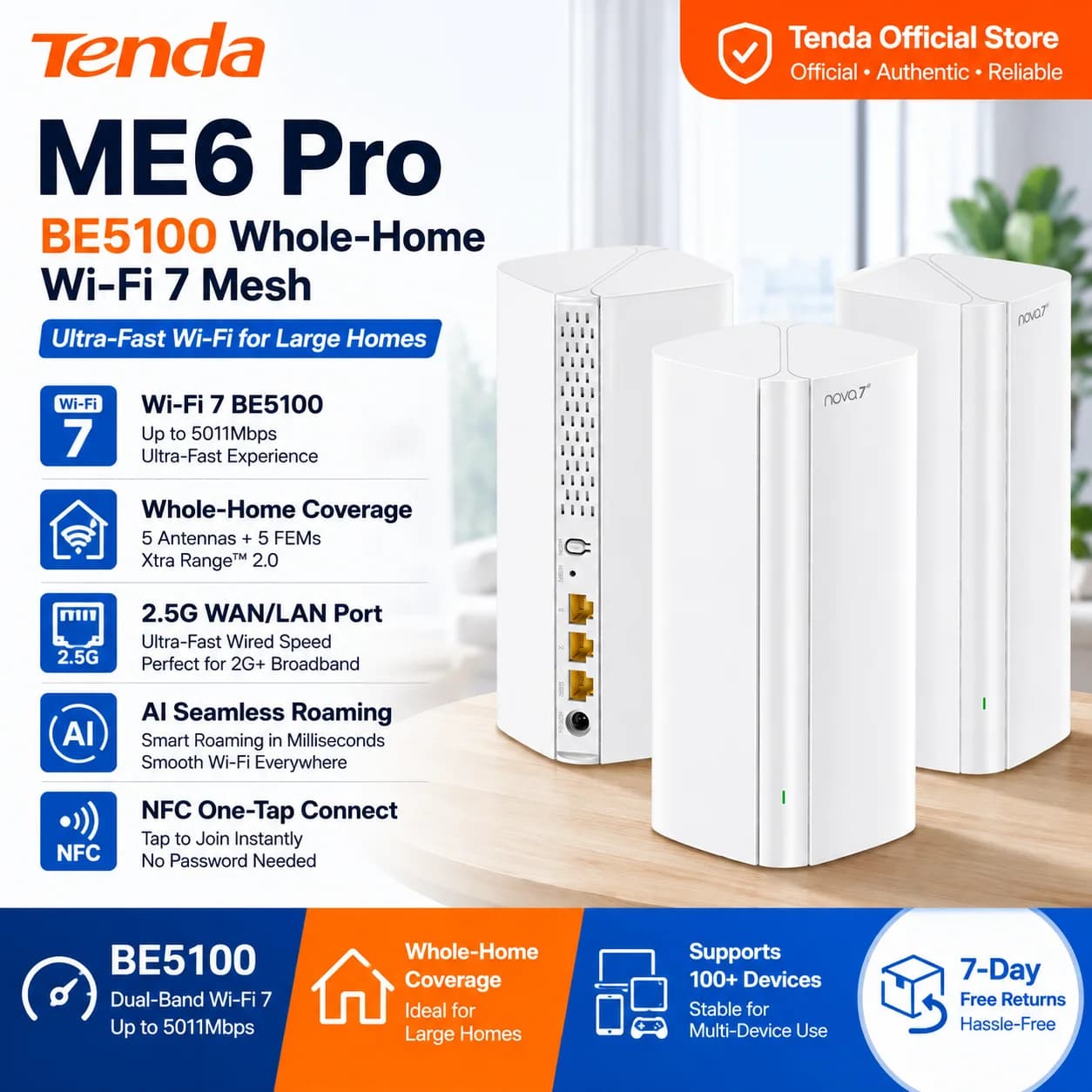 Tenda Router BE5100 Wi-Fi 7 Sistema Mesh 2.4/5GHz Porta di rete 2.5G Dual-Band WAN LAN Wi-Fi7 Wifi Range Extender Ripetitore di rete