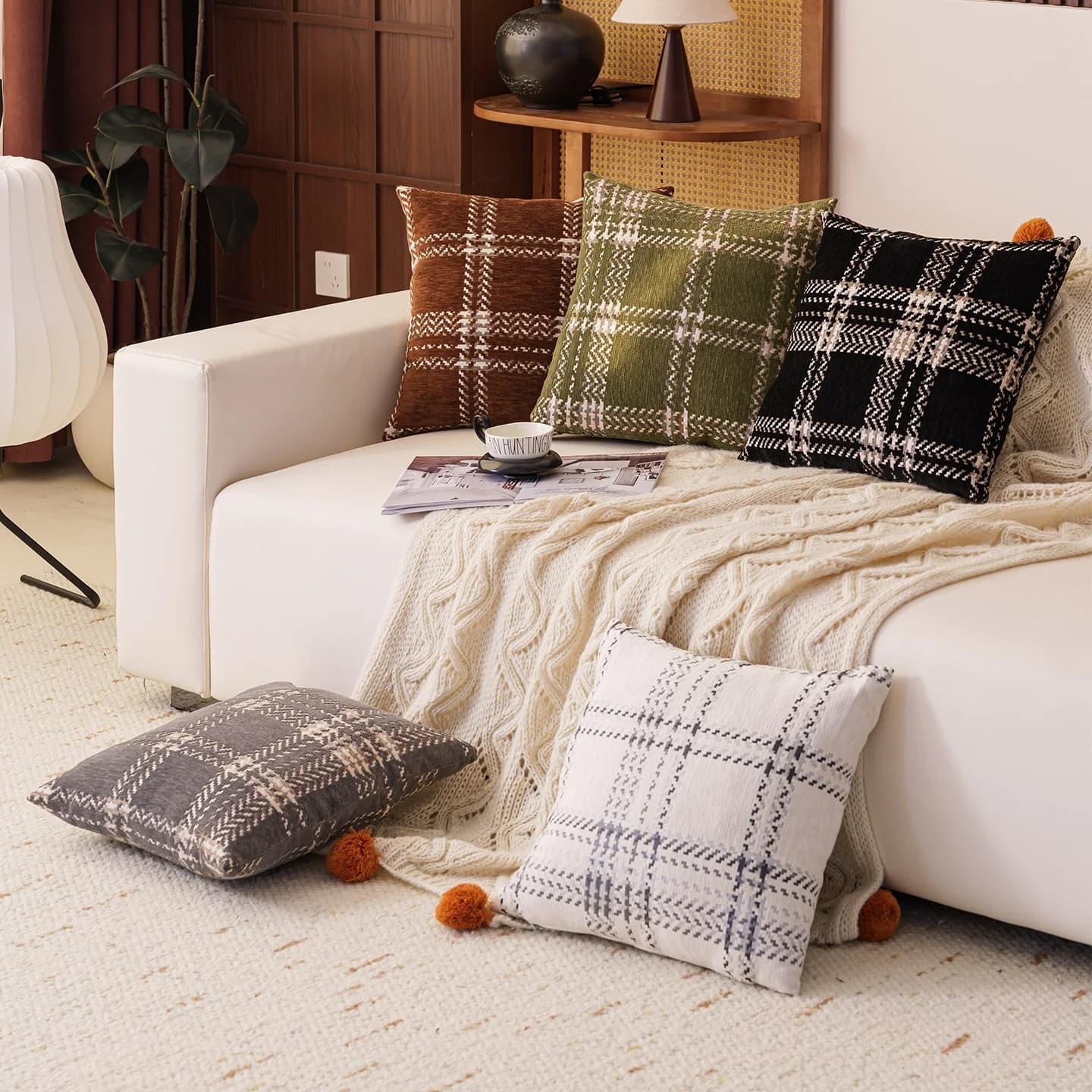 Federa per Cuscino in Ciniglia Jacquard a Quadri, Senza Imbottitura Interna, Morbida e Decorativa per Arredamento Casa, Lavabile in Lavatrice, Rimovibile