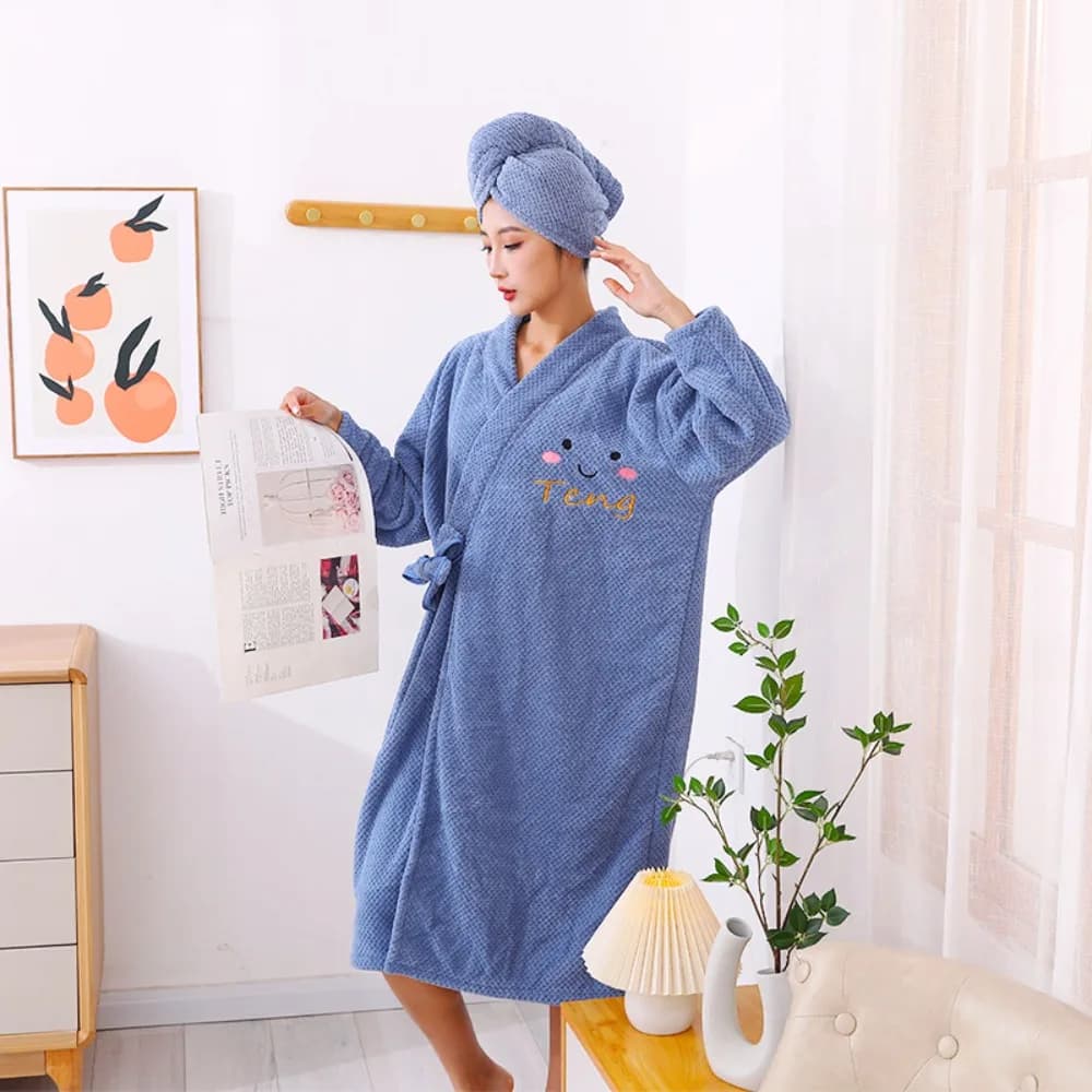 Women's Winter Bathrobe in Thick Pile Coral Long Sleeves With Belt and Towel for Hair