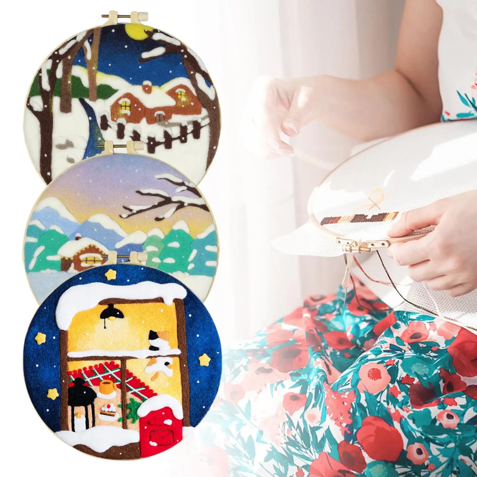 Embroidery Starter Kit for Beginners with Punch Needle Printed Felt Cloth Wool Yarn Threads Creative Hand Knitting Tool Craft