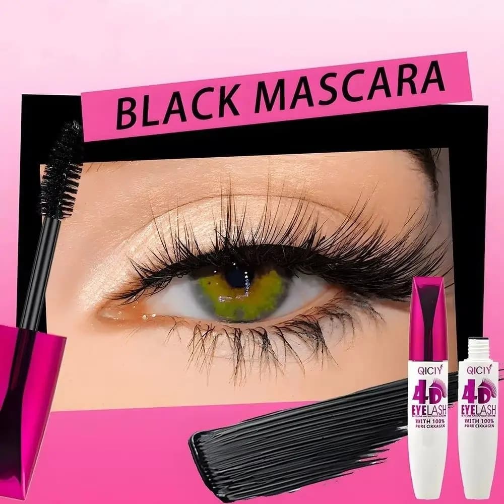 Mascara 4D Black Waterproof, Extra Long, Natural Incurrant, Resistant to Dumping, Volumizing, Long Duration, for Big Eyes, for Beginners, Quick Application