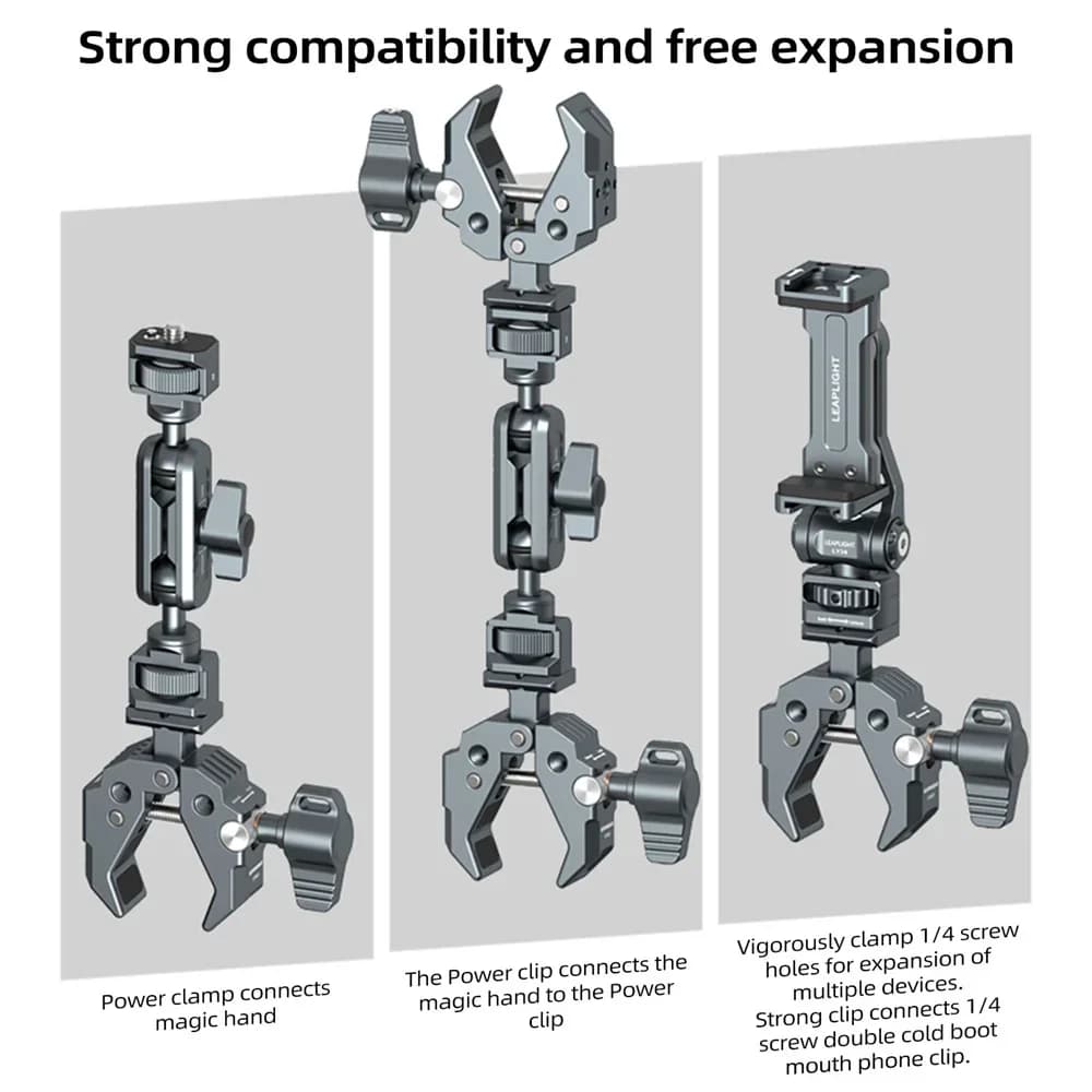 Morsetto per fotocamera compatto in metallo multi-mandrino: impugnatura forte con supporto da 1/4"-20 per bracci magici, treppiedi, sartiame in movimento