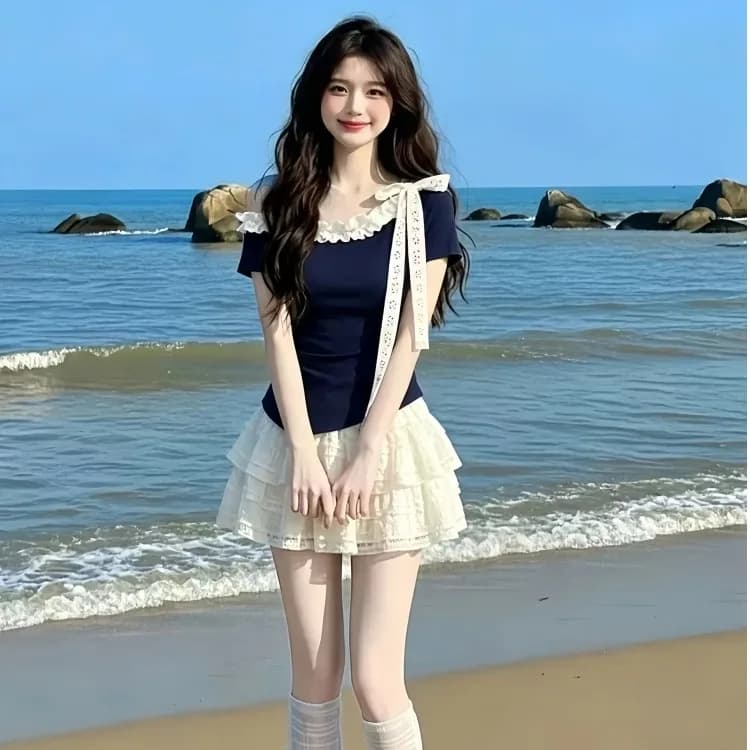Korean Sweet Style Lace Shoulder Banded Short Sleeve Top High Waist Short Skirt Two Piece Set Fashionable Summer Outfit for W...
