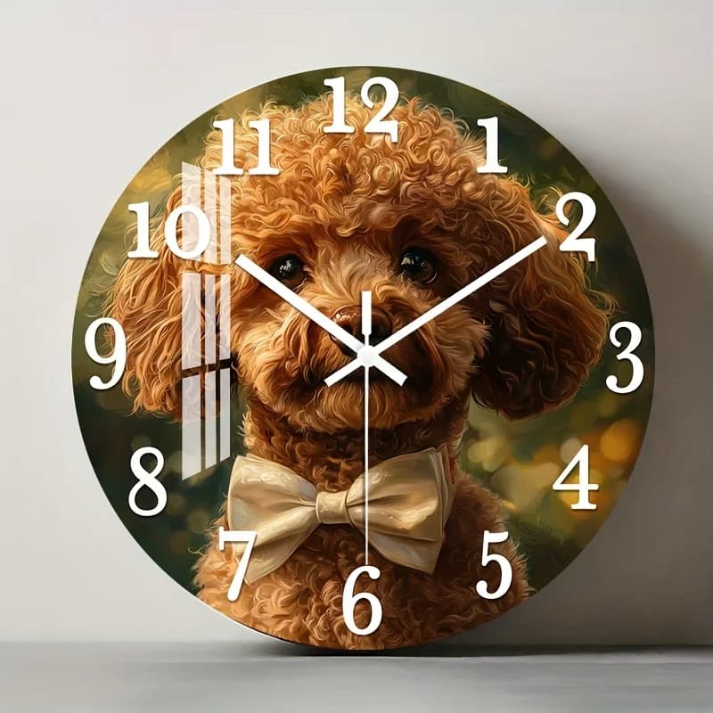 Orologio da Parete Silenzioso in Legno, Decorativo Circolare con Finitura Lucida HD, Design Barboncino con Papillon per L