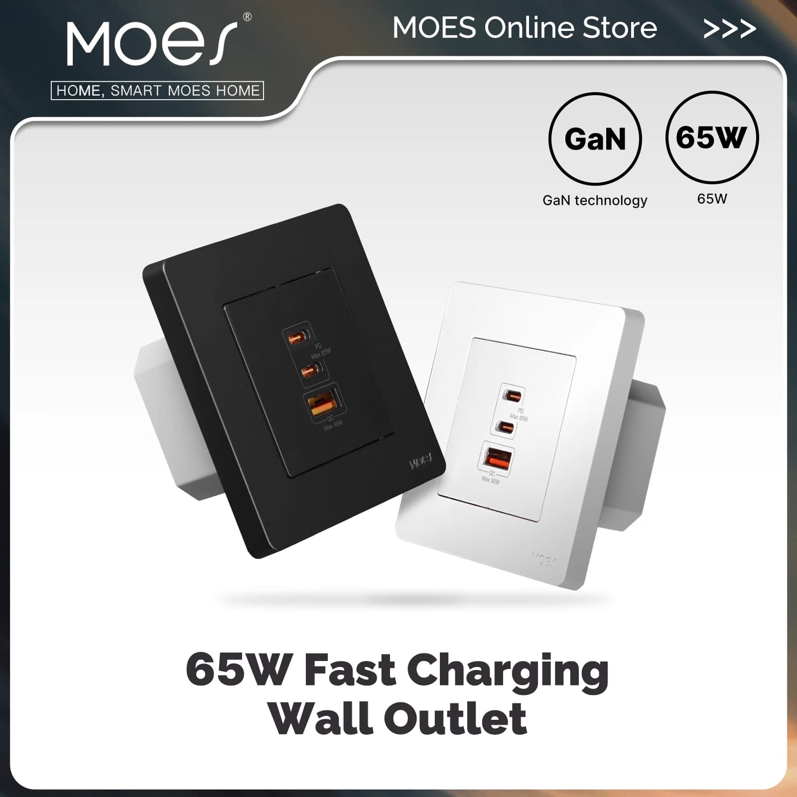 MOES Star Ring Series 65W Ricarica rapida PD3.0 Presa elettrica da muro Caricatore Presa GaN 3 porte Tipo-C USB A Protezione da surtemperatura