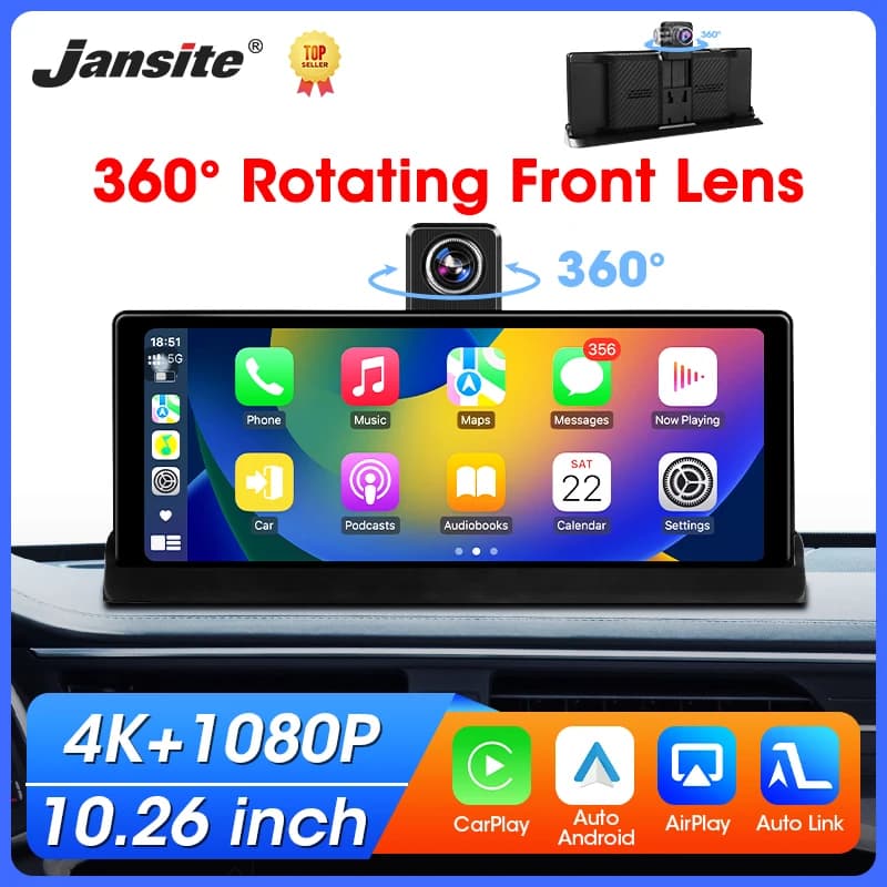 Dash Cam 4K from 10,26" 360 ° Wireless CarPlay and Android Auto GPS Navigation Night vision DVR for cars Support FM BT