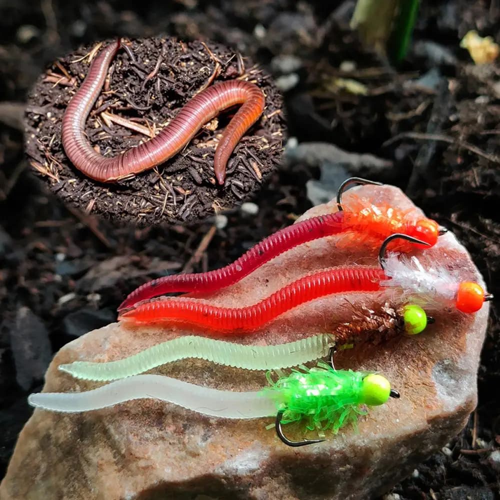 Bright simulated lombric bait glowing soft worms fishing bait fly fishing flies hook for trout rainbow Creek trout catfish