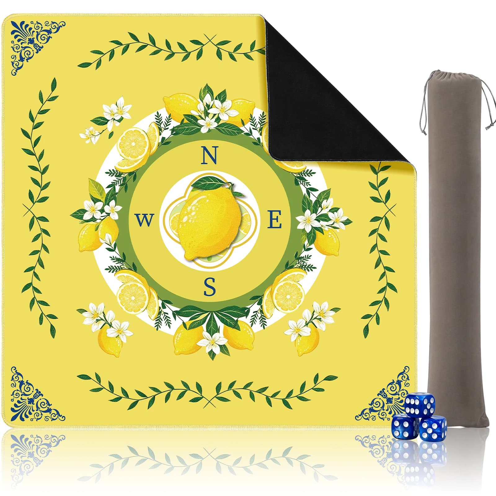 Lemon Mahjong Mat 33"x33" Non-Slip Noise Reducing Table Cover, Mahjong Mat with Rules and Tile Layout, American Mah Jong Game Surface, Yellow Decorative Play Area for Poker, Cards Games (Yellow)