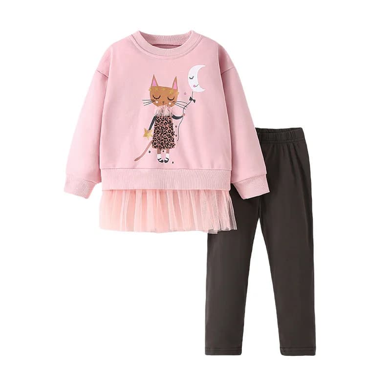 Jumping Meters 2-7T Set di Abbigliamento per Bambine con Stampa Luna e Gatti, Completi per Bambini 2 Pezzi: Felpe + Leggings, Costume Autunnale per Bambini