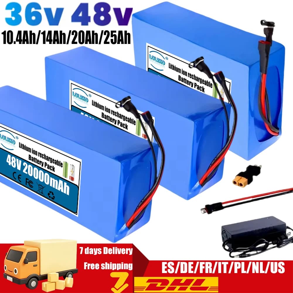 Batteria al litio 36V 48V 25Ah 18650 con BMS integrato per macchinari elettrici da 500-1500W, batteria elettrica per moto + caricabatterie.