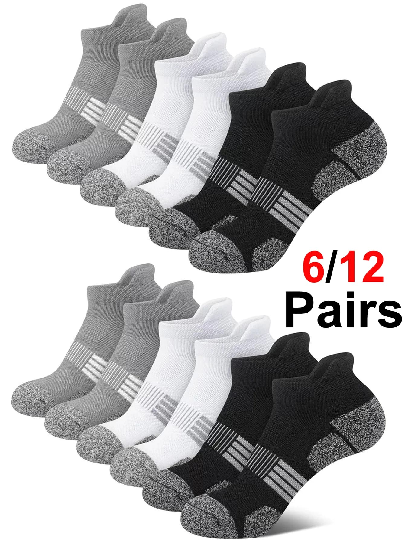 Mens Athletic Low Cut Socks 6/12 Pairs Breathable Cushioned Heel Tab Sweat Absorbent for Basketball Running Gym