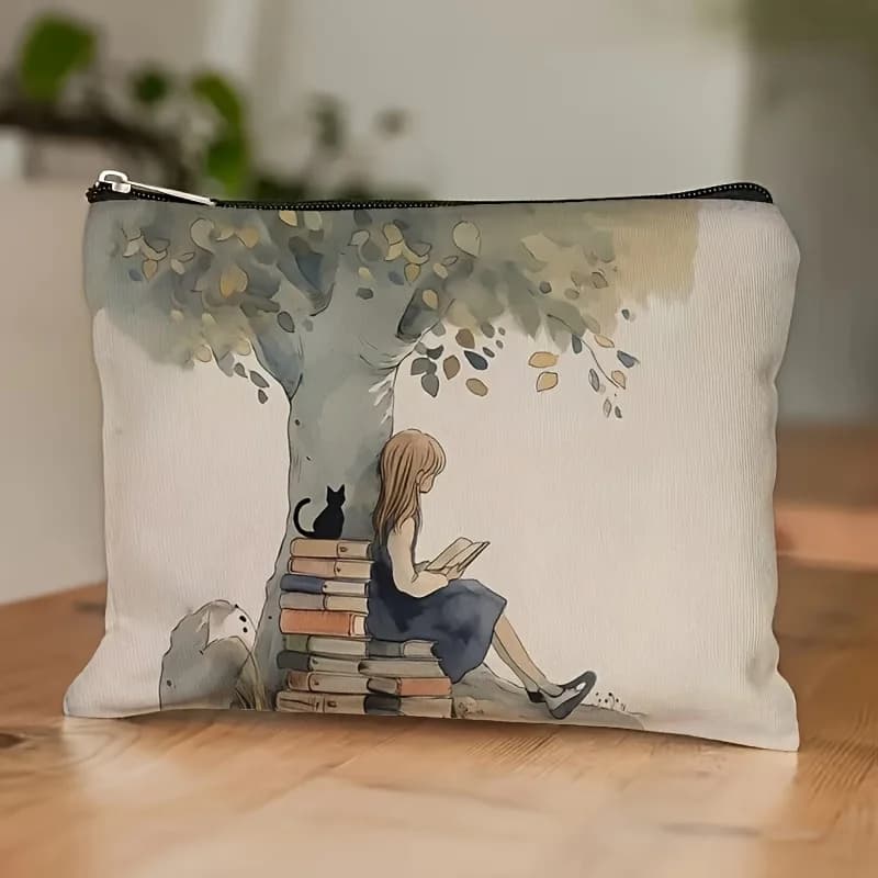 Borsa per il trucco con design albero e gatto, 1 pezzo - Pochette multifunzionale con cerniera per donna, perfetta borsa da viaggio con cerniera, divertente regalo di compleanno