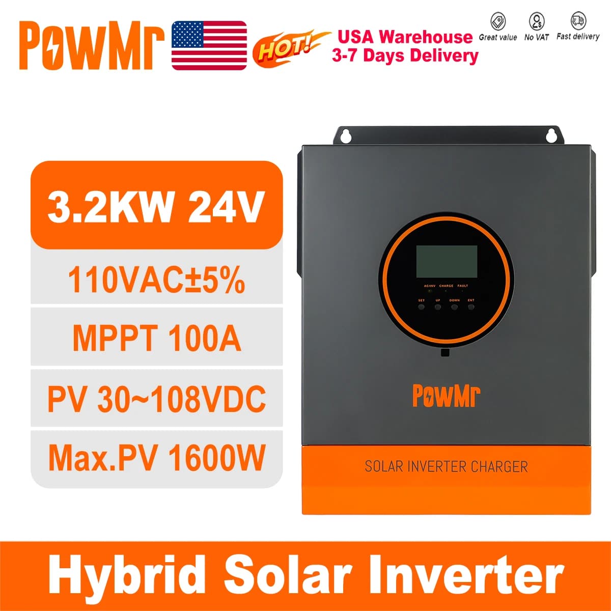 PowMr USA Inverter Solare Ibrido 3.2KW 24V 110Vac Onda Pura con Regolatore MPPT 100A per Batteria al Litio PV 30V-108V con WIFI